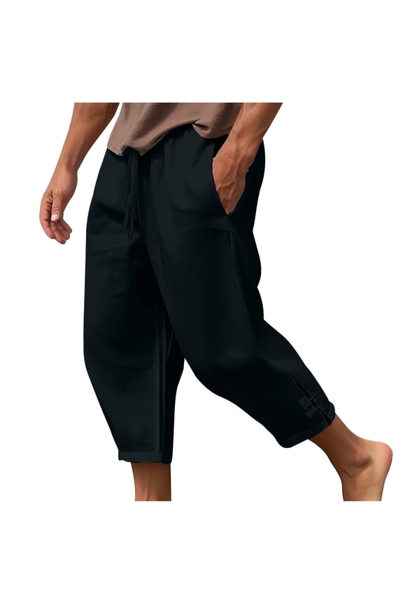 YLSDY Men's Summer Beach Shorts Loose Fit Summer Cropped Trousers Linen Cotton Capri Pants 3/4 Length Trousers with Pockets Black M