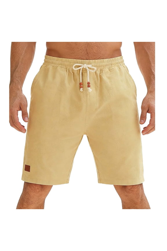 Men's Summer Boho Linen Blend Beach Shorts, Elastic Drawstring Waist, Breathable Casual Shorts with Side Pockets Khaki M