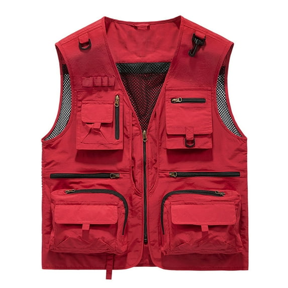 YLSDY Men's Summer Breathable Quick Dry Vest with Multi-Pocket Outdoor Travel Vest Fishing Hiking Vest Waistcoat Red XL