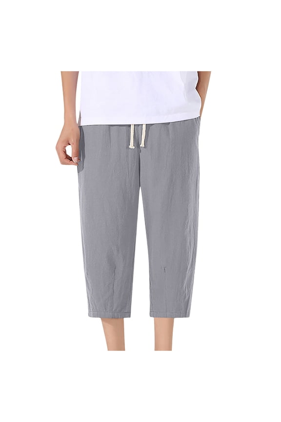 Men's Summer Capris Pants Casual Straight Leg Pants with Pockets Elastic Waist Lightweight Vacation Beach Trousers Gray XL