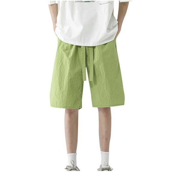 YLSDY Men's Summer Casual Cotton Linen Shorts with Drawstring Elastic Waist, Beach Shorts with Pockets, Outdoor Fashion Green XXL