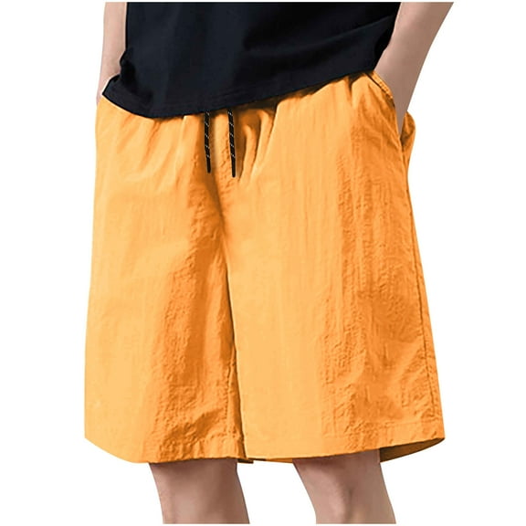YLSDY Men's Summer Casual Cotton Linen Shorts with Drawstring Elastic Waist, Beach Shorts with Pockets, Outdoor Fashion Orange XL