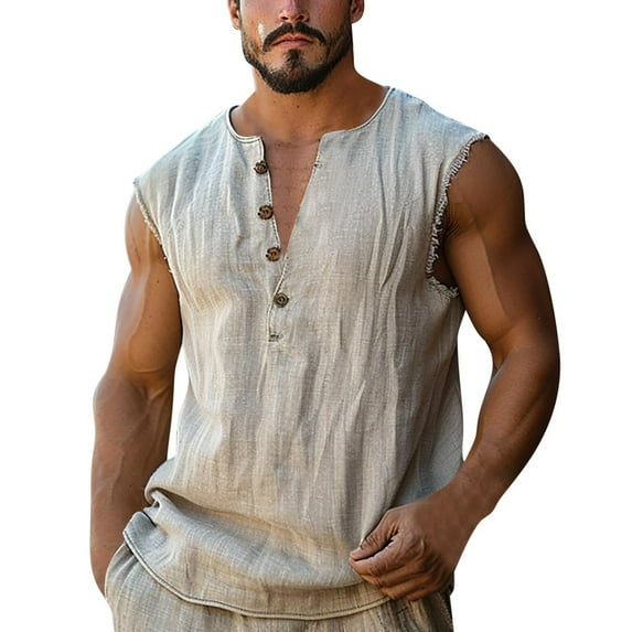 YLSDY Men's Summer Fashion Vintage Tank Tops Retro Casual Vest Summer Solid Color Button Henley Collar Sleeveless Tops Khaki M