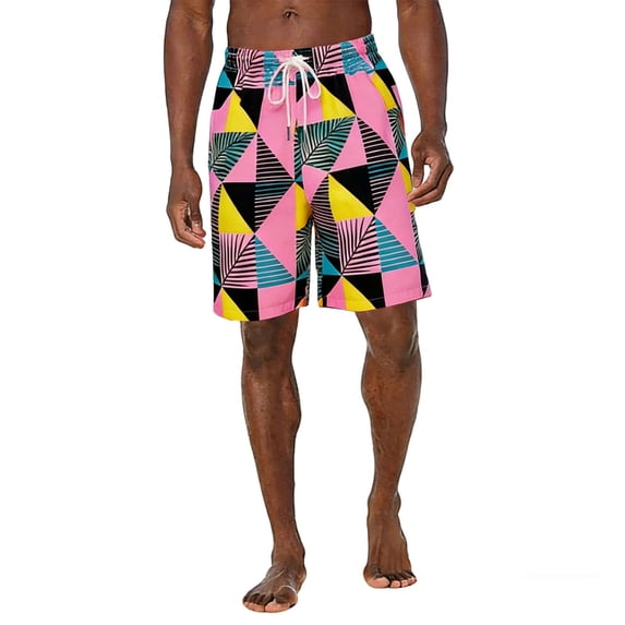 YLSDY Men's Summer Geometric Print 5 Inch Shorts, Elastic Drawstring Waist, Side Pockets Vacation Beach Casual Shorts Pink L