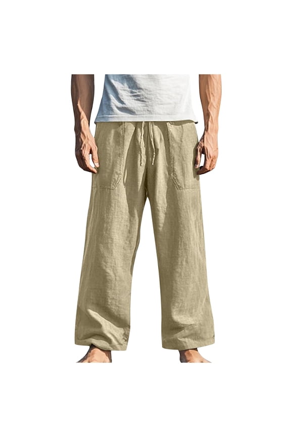 Men's Summer Lightweight Beach Pants Cotton Linen Boho Straight Leg Yoga Pants with Pockets Casual Baggy Elastic Waist Work Pants Khaki XXL