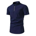 thumbnail image 1 of YLSDY Men's Summer Linen Short Sleeve T-Shirt Chinese Style Mandarin Collar Button Henley Shirts Loose Fit Tops Blouse Dark Blue M, 1 of 5