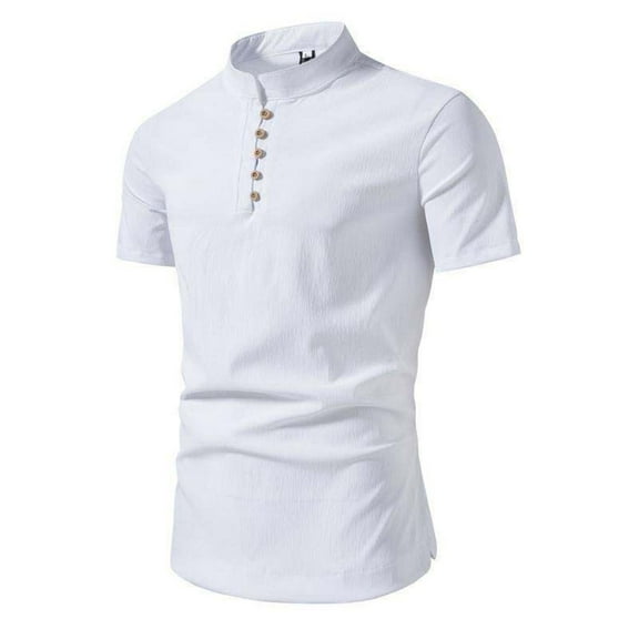 YLSDY Men's Summer Linen Short Sleeve T-Shirt Chinese Style Mandarin Collar Button Henley Shirts Loose Fit Tops Blouse White M