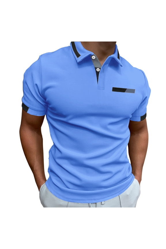 Men's Summer Shirt Short Sleeve Lapel Patchwork Slim Fit T-Shirt Sports Golf Tennis Tee Tops Blue M