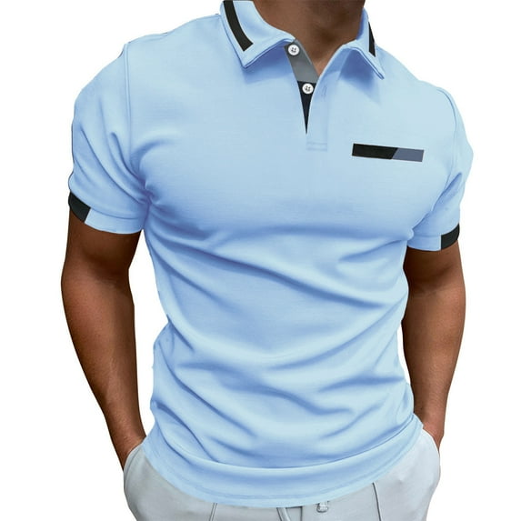 YLSDY Men's Summer Shirt Short Sleeve Lapel Patchwork Slim Fit T-Shirt Sports Golf Tennis Tee Tops Light Blue L