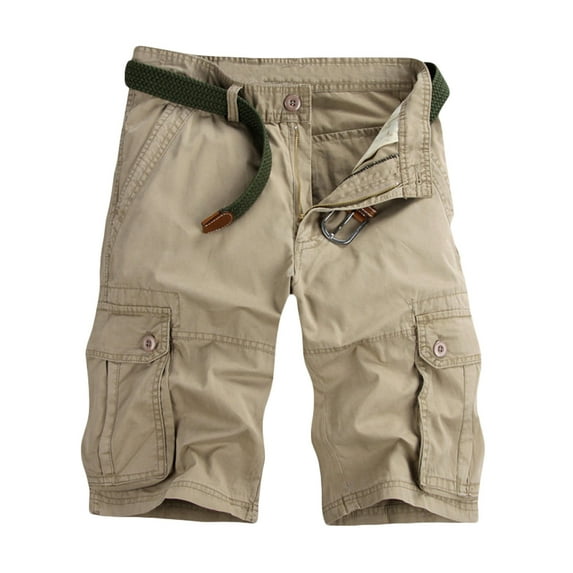 YLSDY Men's Summer Solid Color Split-Leg Shorts Multi-Pocket Cargo Shorts with Belt Straight Fit Bermuda Beach Shorts Khaki M