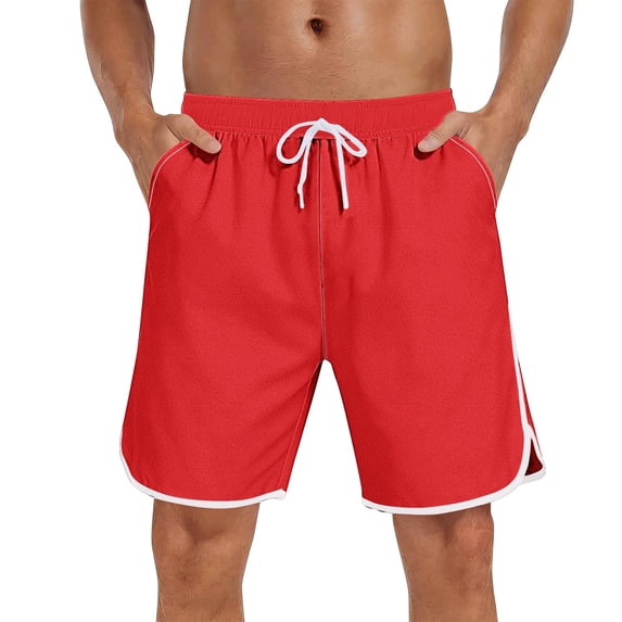 YLSDY Men's Summer Solid Drawstring Beach Shorts, Elastic Waist Comfort Fit, 5 Inch Lightweight Swim Trunks for Men Red L