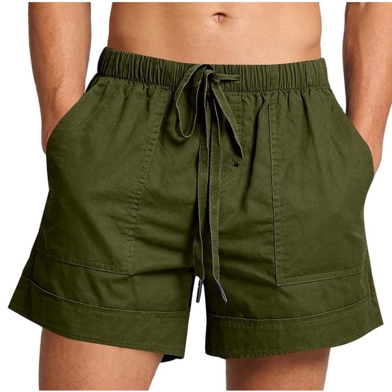 YLSDY Men's Summer Solid Linen Beach Shorts, Elastic Drawstring Waist Multi-Pocket, Lightweight Vacation Casual Trousers Army Green L