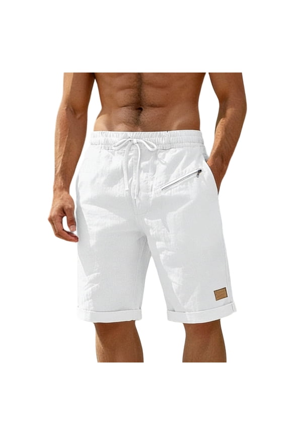 Men's Summer Solid Linen Casual Shorts, Drawstring Decor Zipper Pockets, Stylish Lightweight Summer Trousers White S
