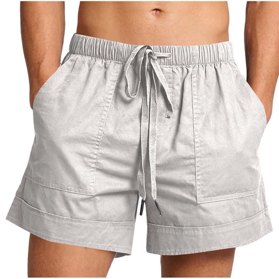 YLSDY Men's Summer Solid Linen Vacation Shorts, Elastic Drawstring Waist Multi-Pocket, Breathable Beach Casual Trousers Silver S