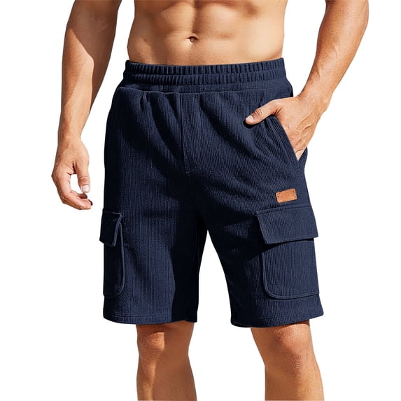 YLSDY Men's Summer Solid Waffle Knit Cargo Shorts, Elastic Waist Multi-Pocket Style, 5 Inch Casual Trousers for Men Navy XXL