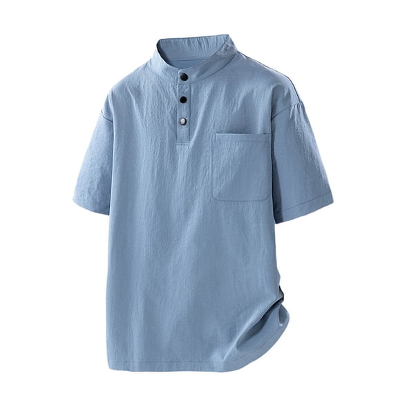 YLSDY Men's Summer Stand Collar Pullover Jacket - Loose Short Sleeve Button Down Outdoor Workout Casual T Shirts Blue XL