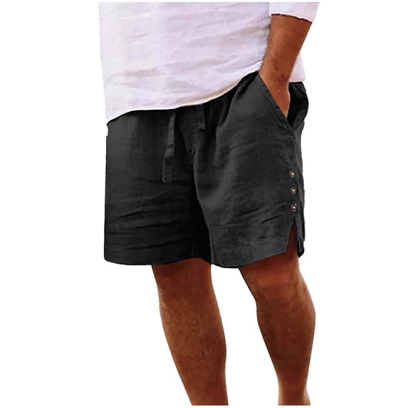 YLSDY Men's Summer Washed Linen Blend Casual Shorts, Elastic Waist Button Detail, Side Slit 5 Inch Straight Leg Shorts Black XXXL