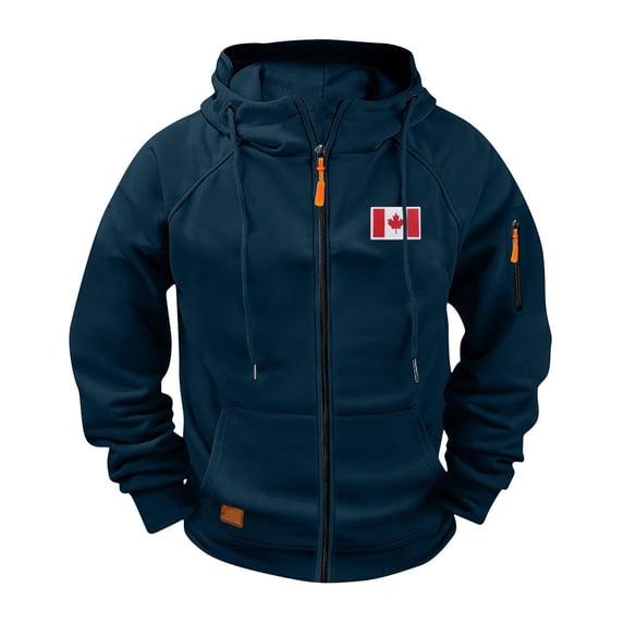 YLSDY Men's Sweatshirt Full Zip Workout Hoodies Loose Fit Canadian Flag Embroidery Print Casual Pullover Travel Hoodie with Pockets Navy L
