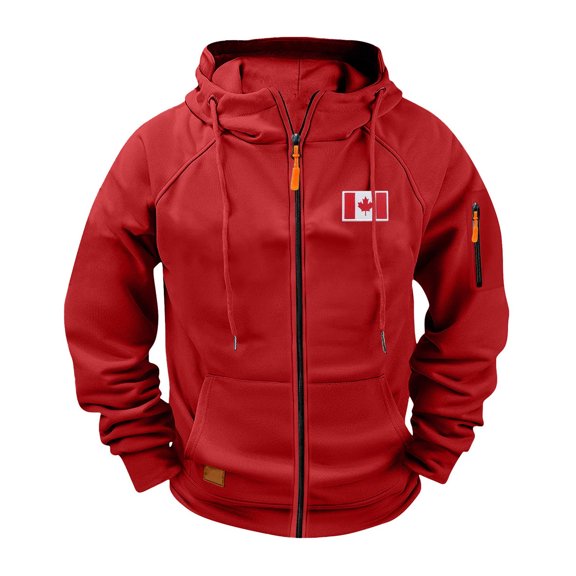 YLSDY Men's Sweatshirt Full Zip Workout Hoodies Loose Fit Canadian Flag Embroidery Print Casual Pullover Travel Hoodie with Pockets Red M