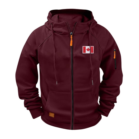 YLSDY Men's Sweatshirt Full Zip Workout Hoodies Loose Fit Canadian Flag Embroidery Print Casual Pullover Travel Hoodie with Pockets Wine M