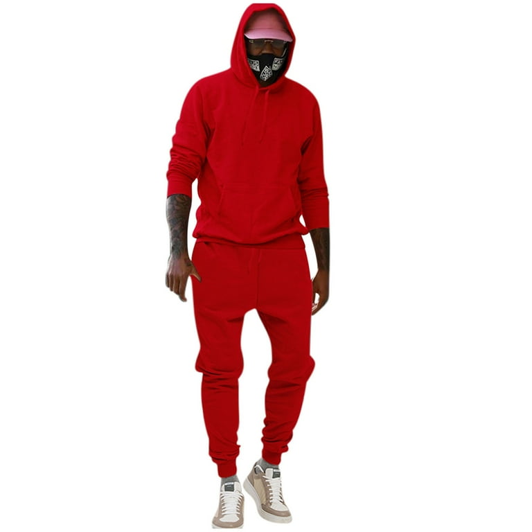 YLSDY Men s Sweatsuit Hooded Long Sleeve Pants Set Solid Color Sportwear Tracksuit Jogging Outfit Red XL