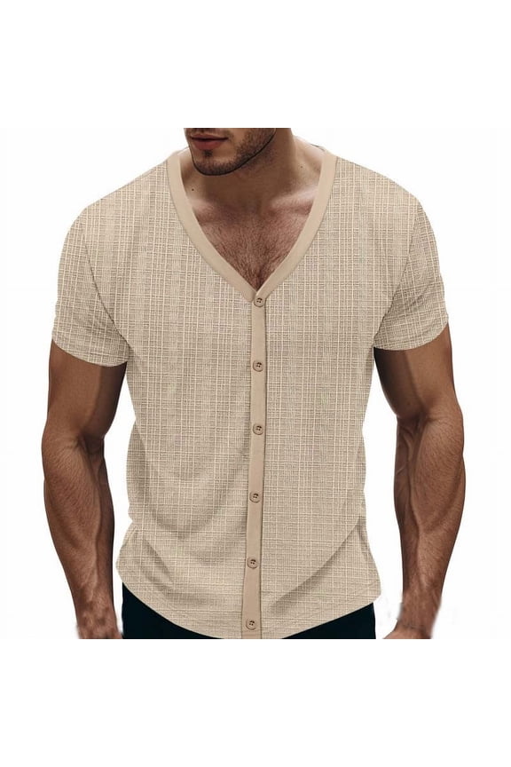 Men's T-Shirts Summer Casual Short Sleeve Button Down T-Shirt V Neck Cotton Imitation Linen Solid Color Top Khaki XXL