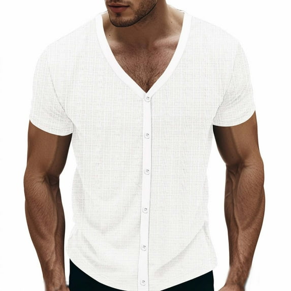 YLSDY Men's T-Shirts Summer Casual Short Sleeve Button Down T-Shirt V Neck Cotton Imitation Linen Solid Color Top White S