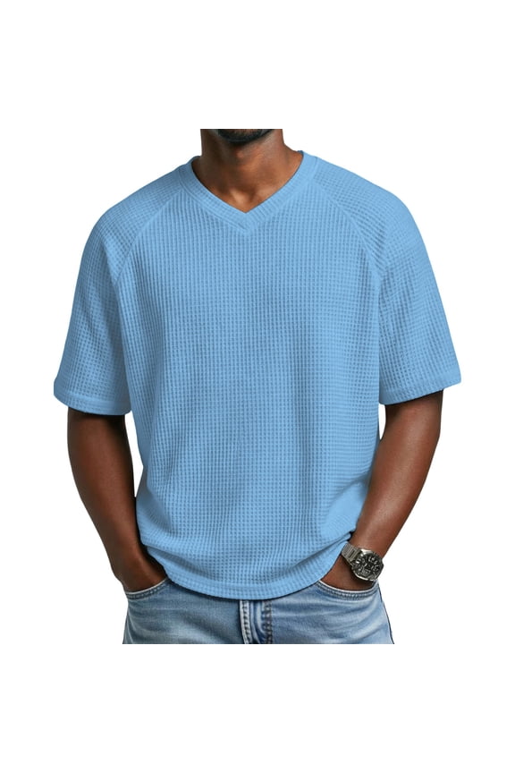 Men's T Shirts with Pockets Waffle Knit Casual Textured Short Sleeve Tees V Neck Basic Solid Tops Light Blue S