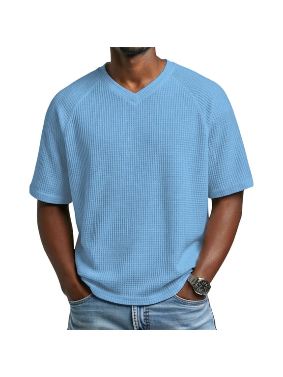 Men's T Shirts with Pockets Waffle Knit Casual Textured Short Sleeve Tees V Neck Basic Solid Tops Light Blue S