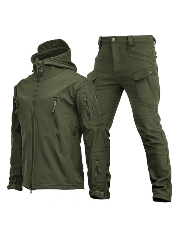 Men's Tactical Jacket Suit Plus Size Soft Shell Windproof Hoodie Camouflage Sets Autumn and Winter Mountaineering Windbreaker Hiking Tracksuit Army Green L