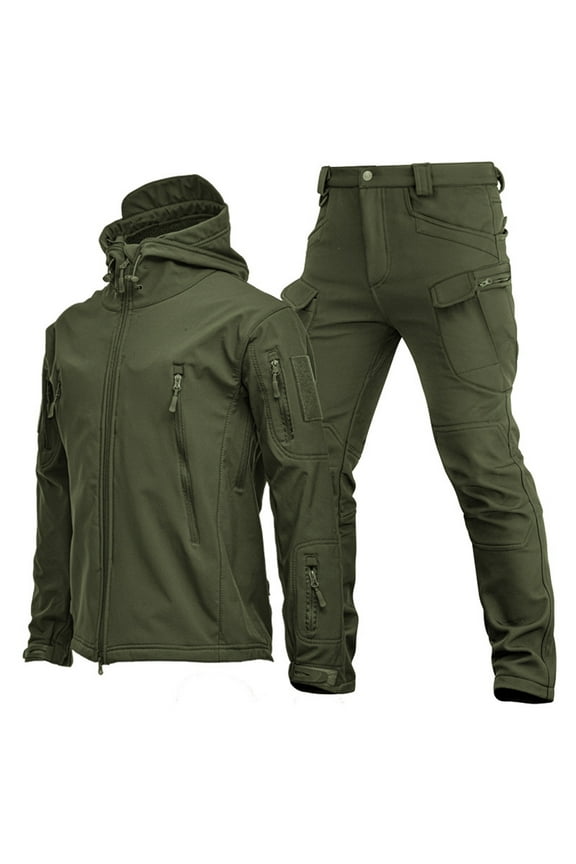 Men's Tactical Jacket Suit Plus Size Soft Shell Windproof Hoodie Camouflage Sets Autumn and Winter Mountaineering Windbreaker Hiking Tracksuit Army Green XXXL