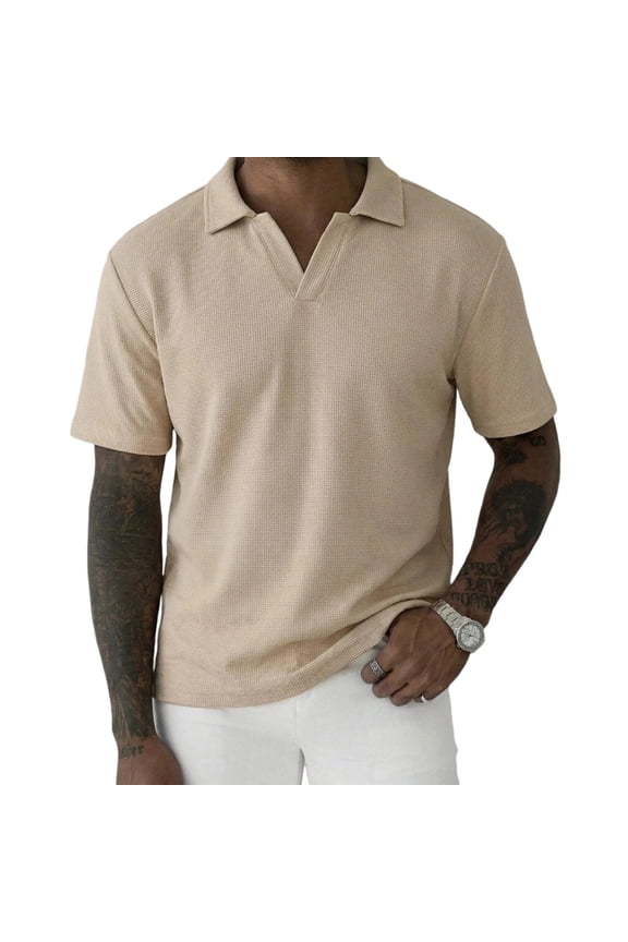 Men's Textured Grid Pattern Golf Shirt, V-Neck with Open Collar, Short Sleeve Casual Top for Everyday Khaki S