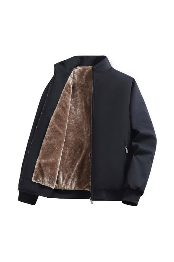 Men's Thick Warm Long Sleeve Parkas Zipper Cardigan Stand Up Collar Breathable Fabric Outdoor Casual Jacket Black L