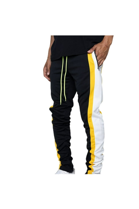 Men's Track Pants Side Stripe Jogger Pants Elastic Waist Loose Fit Sweatpants Sport Jogging Running Workout Yellow XXL