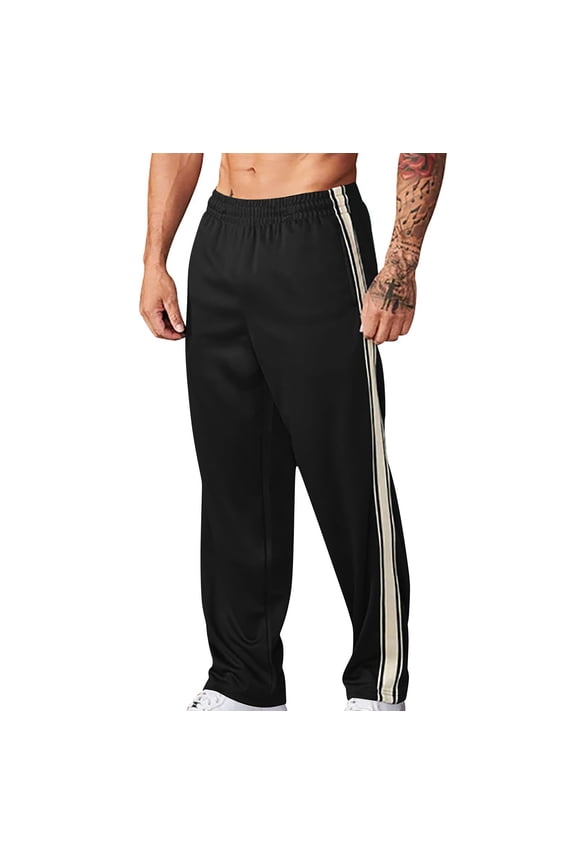 Men's Track Pants Striped Elastic Waist Trousers Straight Leg Comfy Sport Pants Loose Fit Leisure Jogging Bottoms Athletic Fitness Trackpants Black L