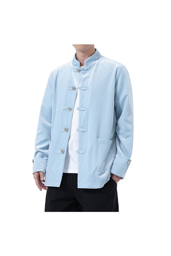 Men's Traditional Chinese Tang Suit Jacket Silk Embroidery Mandarin Collar Wedding Vintage Solid Formal Asian Costume Blue M