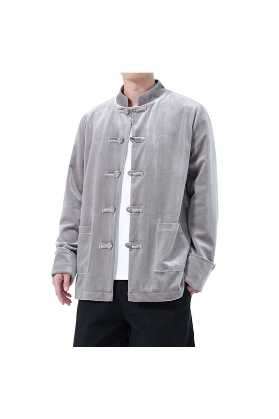 Men's Traditional Chinese Tang Suit Jacket Silk Embroidery Mandarin Collar Wedding Vintage Solid Formal Asian Costume Gray XXXXL