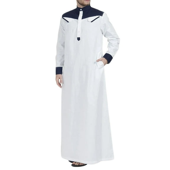 YLSDY Men's Traditional Muslim Clothing Contrast Color Muslim Dress Middle East Saudi Arabic Long Sleeve Robe Ramadan Tops Navy L
