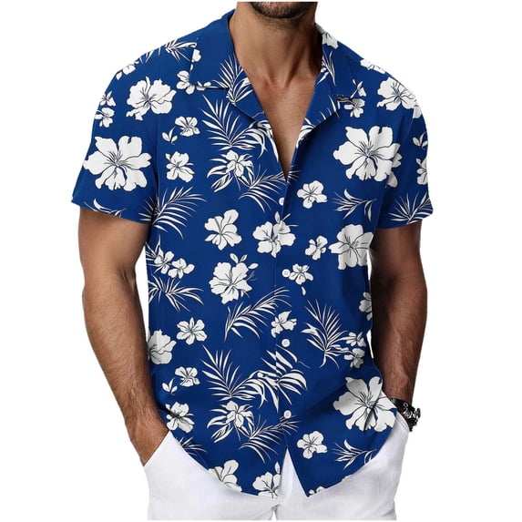 YLSDY Men's Tropical Floral Print Camp Collar Shirt, Short Sleeve Hawaiian Style Casual Button-Down Dark Blue S