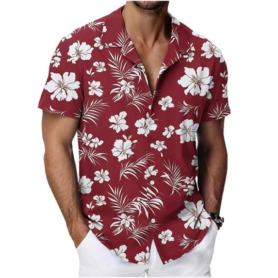YLSDY Men's Tropical Floral Print Camp Collar Shirt, Short Sleeve Hawaiian Style Casual Button-Down Wine XXXXL