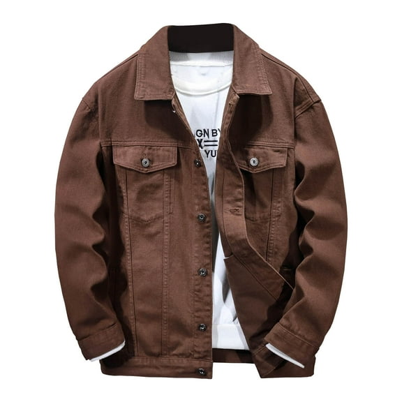 YLSDY Men's Trucker Jean Jacket Brown Denim Washed Slim Fit Button Down Long Sleeve Coats Streetwear Oversized Trucker Jean Jackets Coffee XL