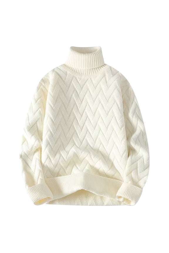 Men's Turtleneck Sweater Knitted Long Sleeve Pullover Winter Warm Tops Chevron Pattern Soft Comfortable Wear Solid Color White L