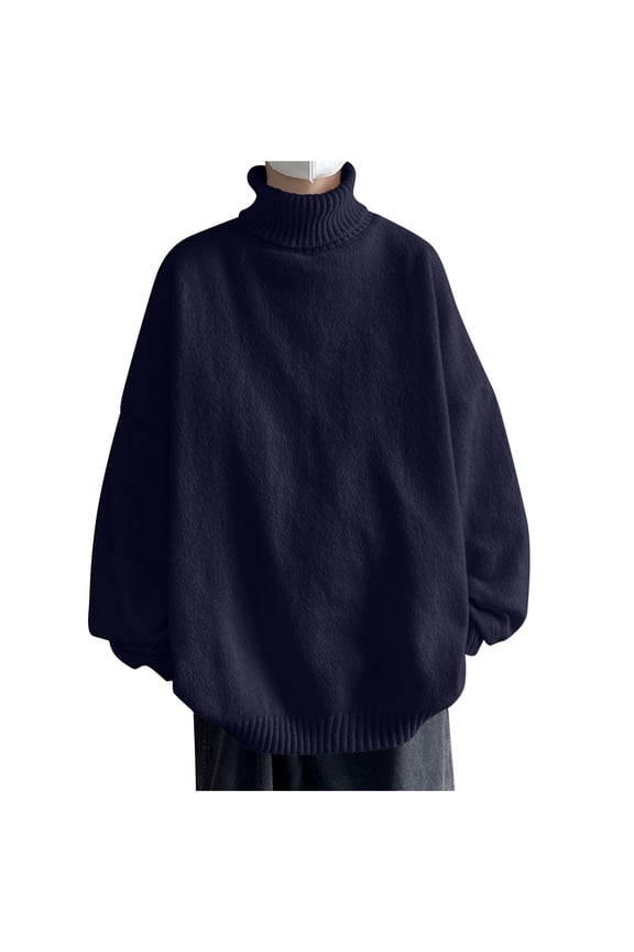 Men's Turtleneck Sweater Loose Fit Knit Pullover Long Sleeve Oversized Tops Winter Warm Jumper Navy XXL