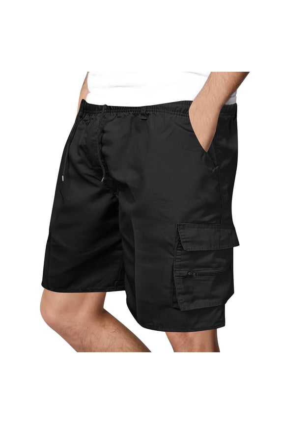 Men's Twill Cotton Short Full Elastic Waist Cargo Shorts Loose Fit Drawstring Running Hiking Short Big and Tall Black S