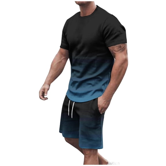 YLSDY Men's Two Piece Short Sets Gradient T Shirt with Drawstring Shorts Short Sleeve Round Neck Tee Summer Fashion Shorts Navy XXXXXL