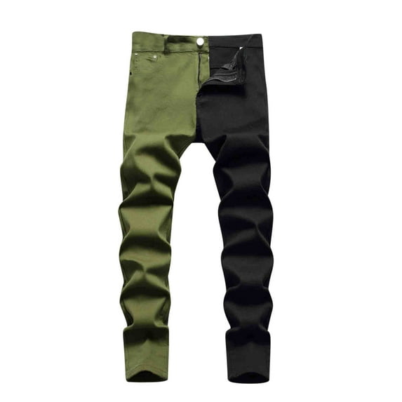 YLSDY Men's Two-Tone Color Block Jeans Hip Hop Streetwear Straight Fit Stretch Denim Biker Jeans with Zipper Army Green L