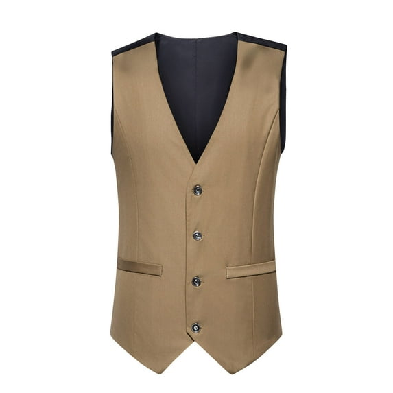 YLSDY Men's V-Neck Suit Vest Solid Color Sleeveless Vest for Wedding Party Formal Business Waistcoat Slim Fit Single Breasted Tuxedo Vest Khaki S