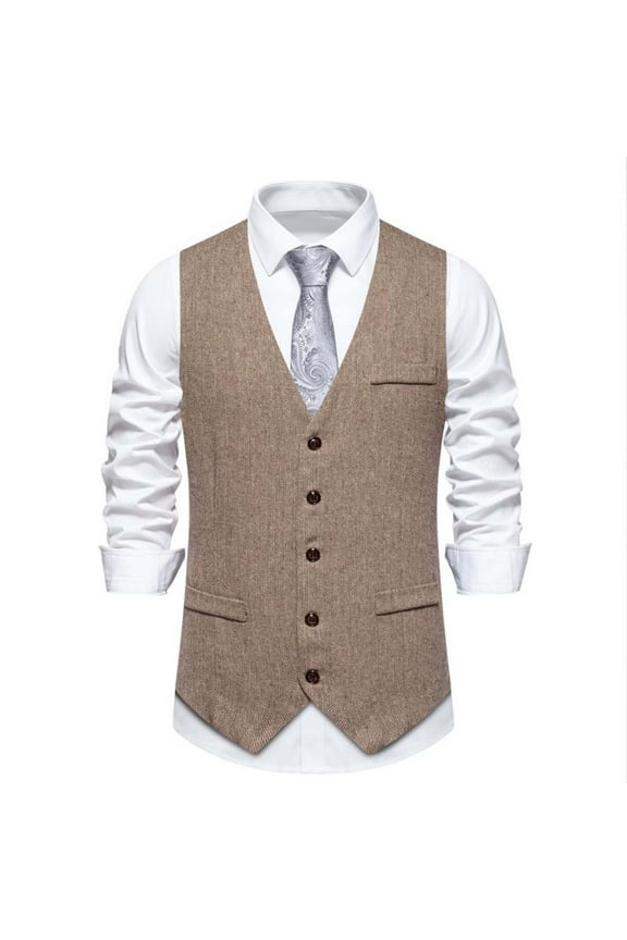 Men's V-Neck Wedding Groomsmen Suit Vest Slim Fit Casual Button Down Business Dress Vest Tweed Herringbone Waistcoat Khaki L