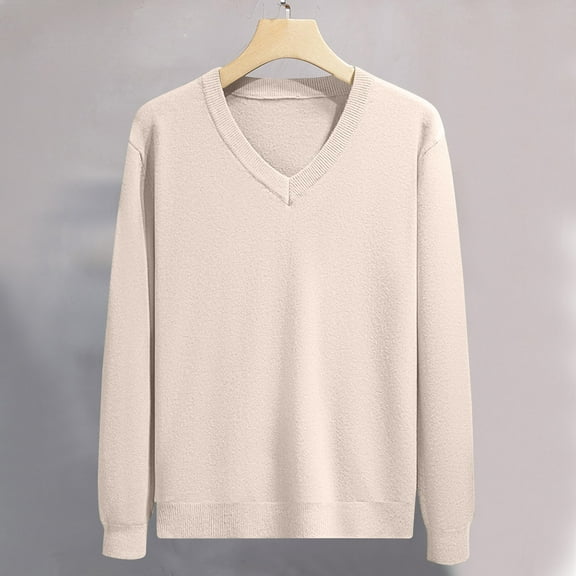 YLSDY Men's V-Neck Wool Blend Pullover Sweater Long Sleeve Slim Fit Casual Daily Classic Solid Color Jumper Tops Beige XXXL