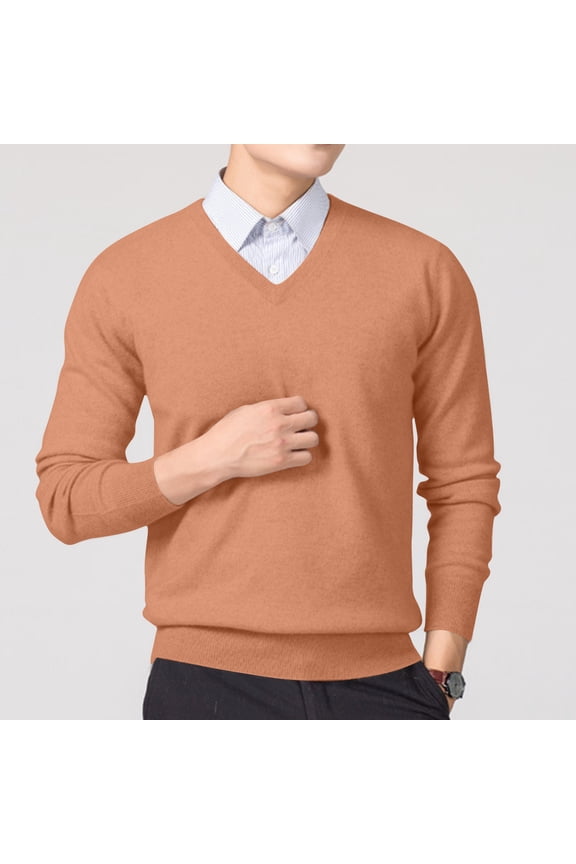 Men's V-Neck Wool Blend Pullover Sweater Long Sleeve Slim Fit Casual Daily Classic Solid Color Jumper Tops Gold L